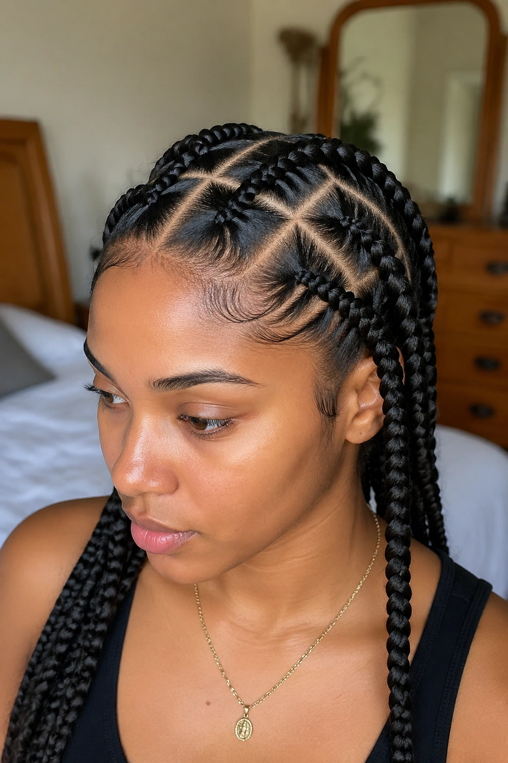 Close-up of stitch braids with sharp parts on a real woman's head in a sunlit room