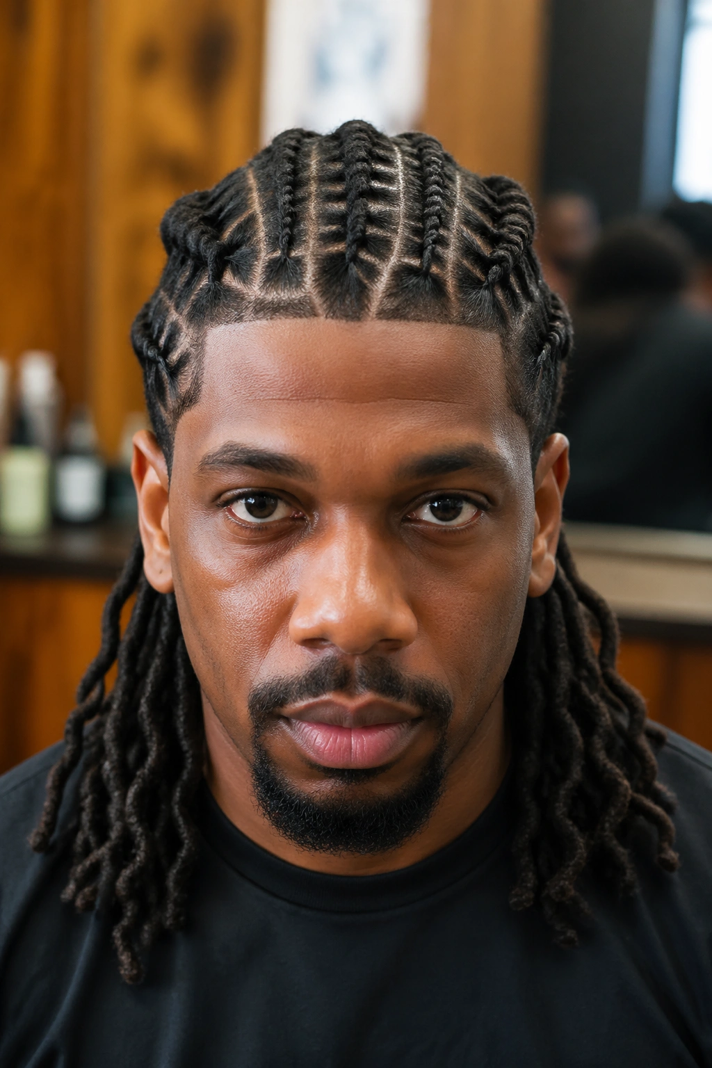 Close-up of a Black man with locs styled into stitch braids with crisp lines.