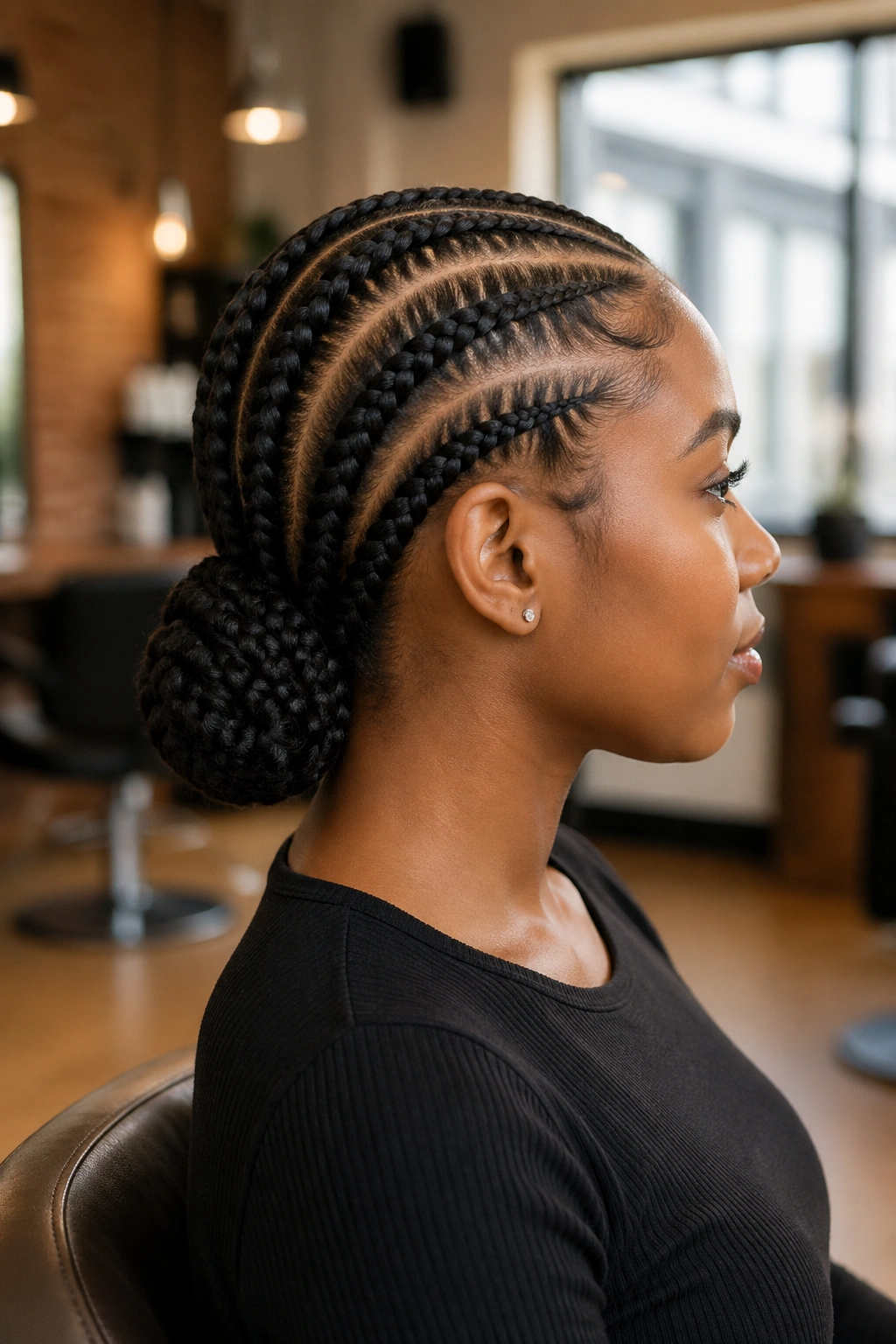 Side profile of stitch braids forming a low bun at the nape on real woman