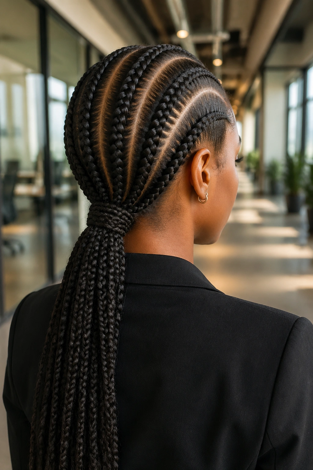 Rear three-quarter view of stitch braids into a low ponytail at the nape of the neck