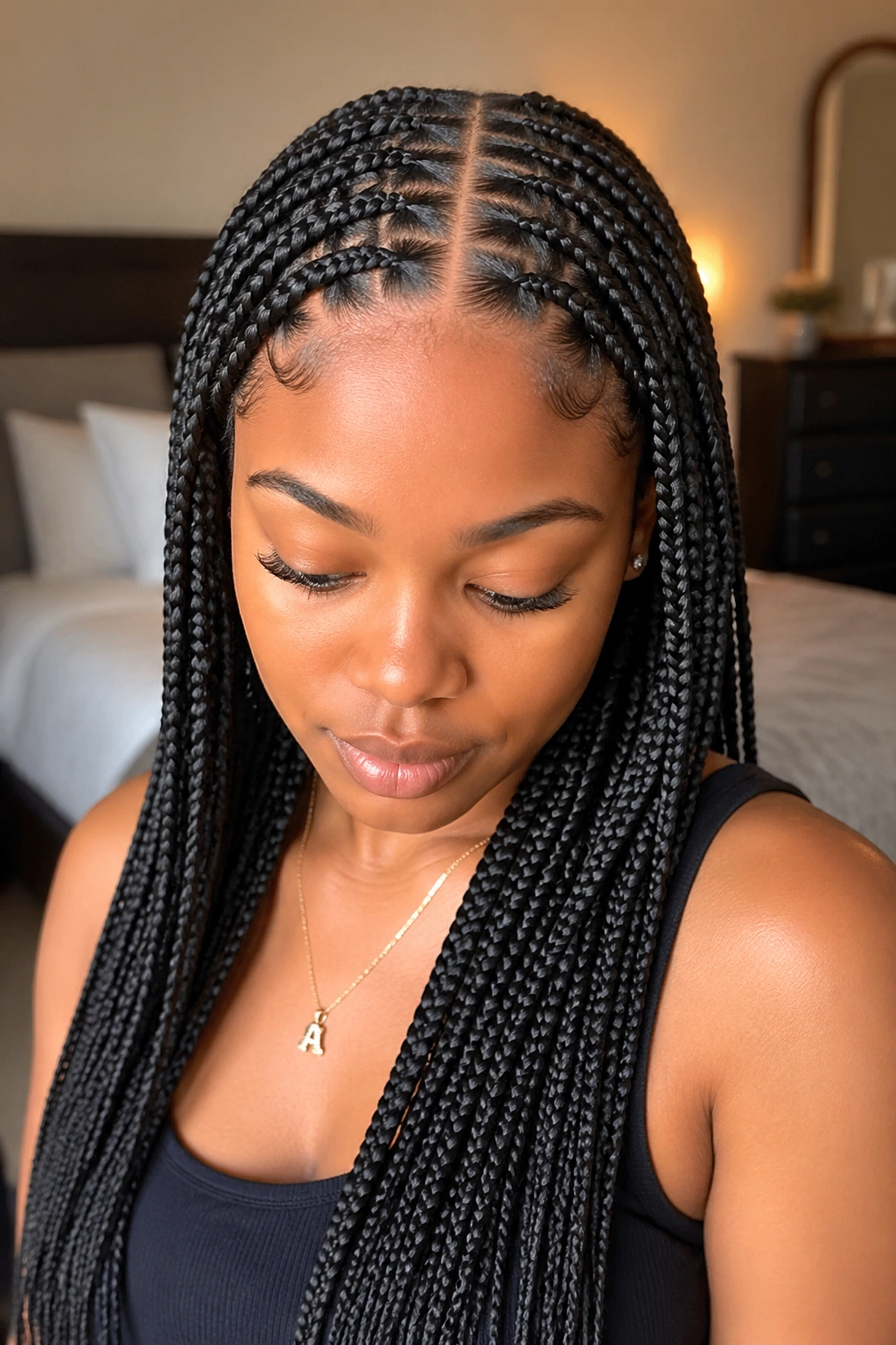 Close-up portrait of a real woman with classic straight-back stitch braids and a clean middle part