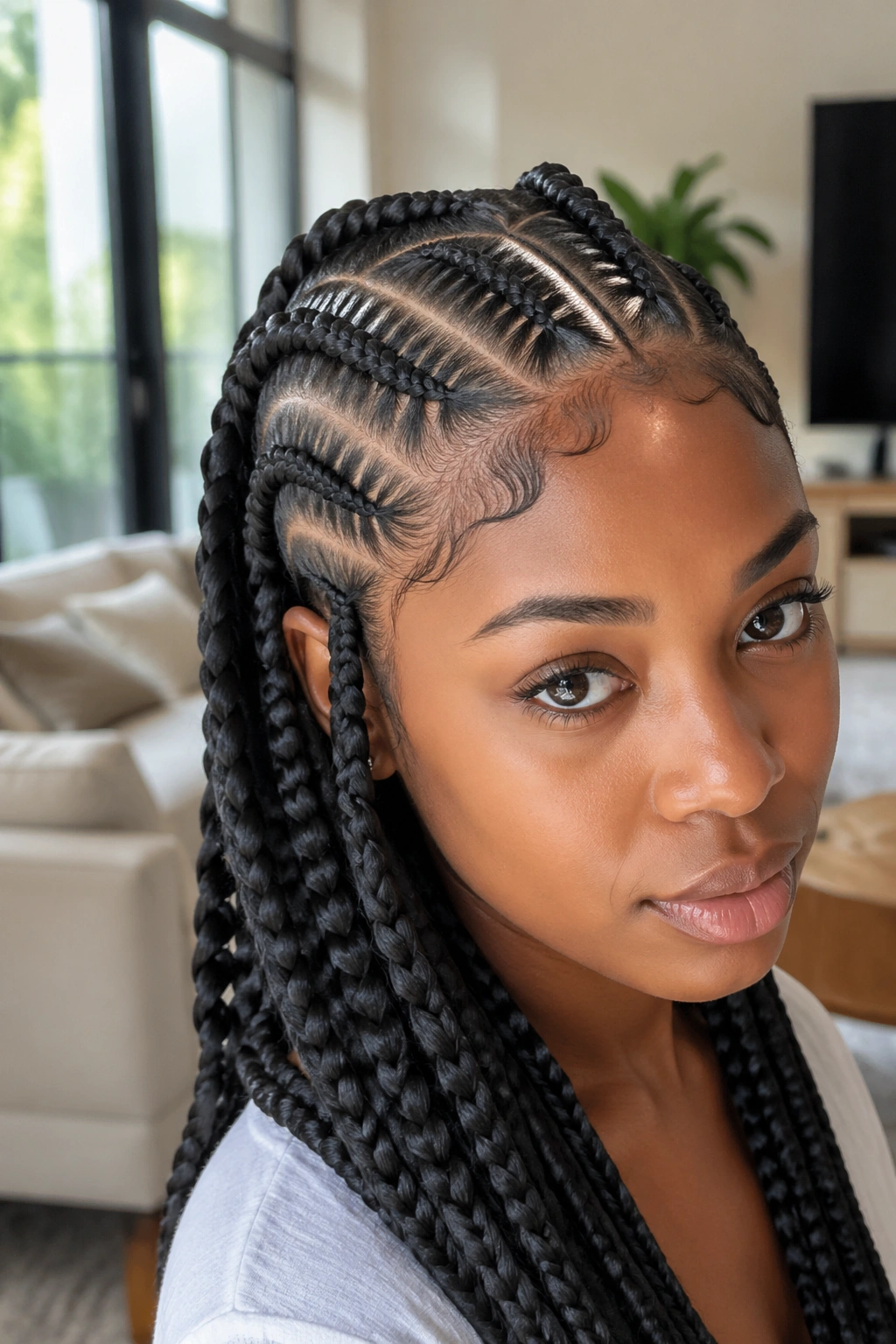 Close-up of real woman with stitch braids showing crisp parting rails