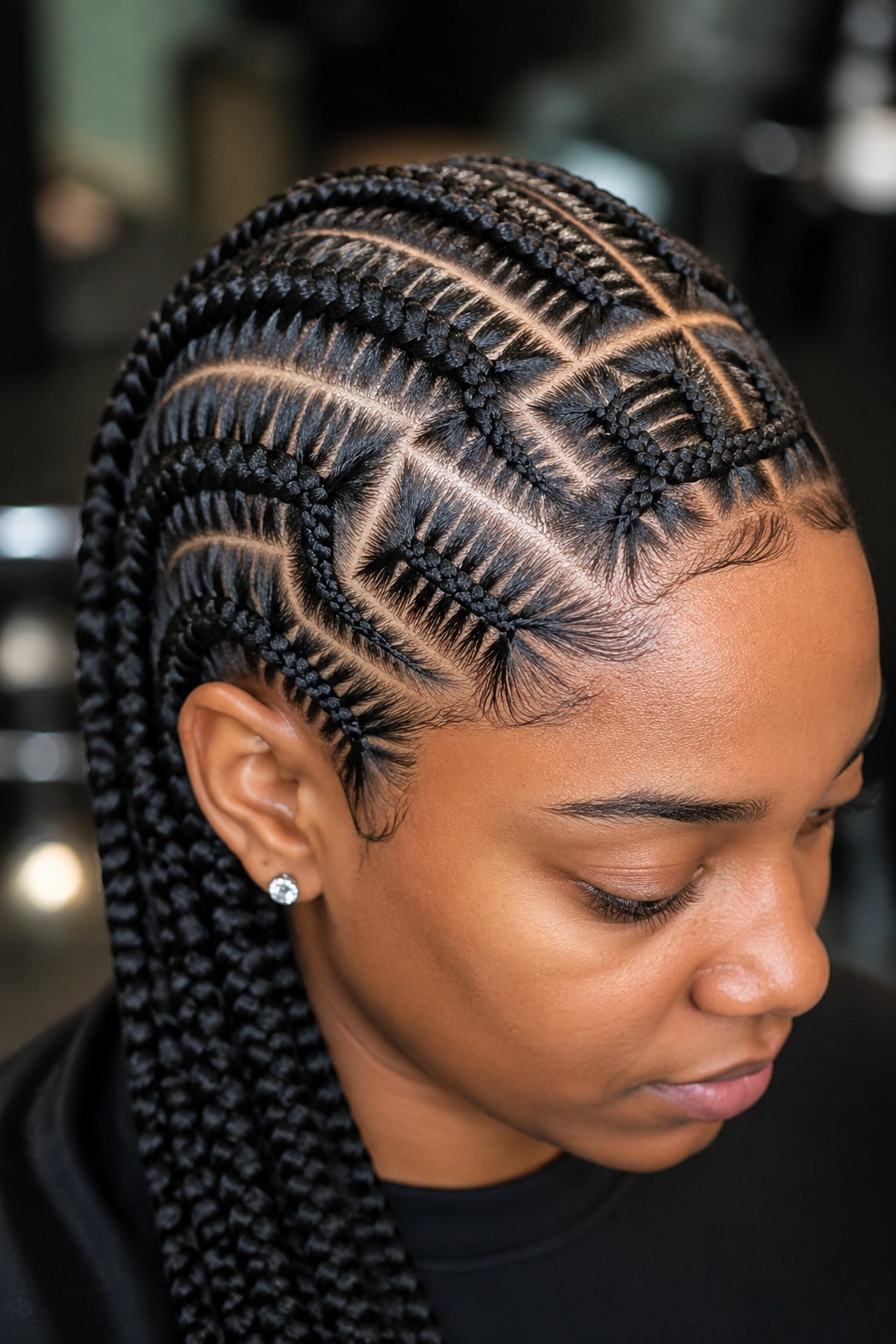 Close-up of Stitch Braids with razor-sharp part lines on a real woman