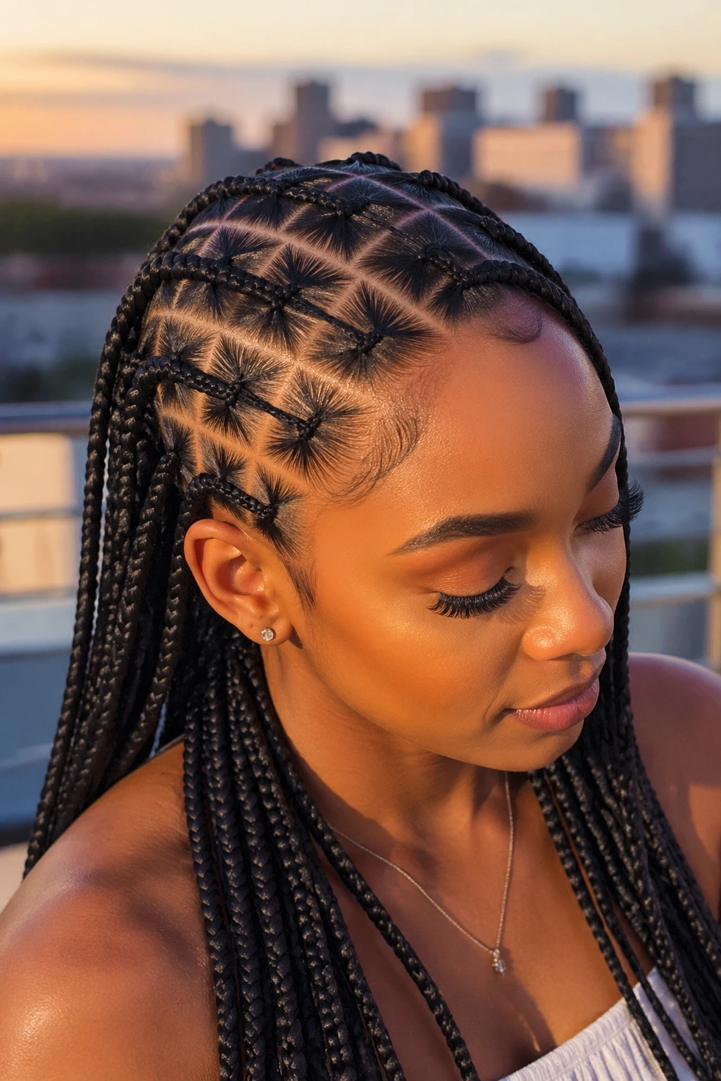 Close-up of a real Black woman's head with crisp stitch braids and neat parting