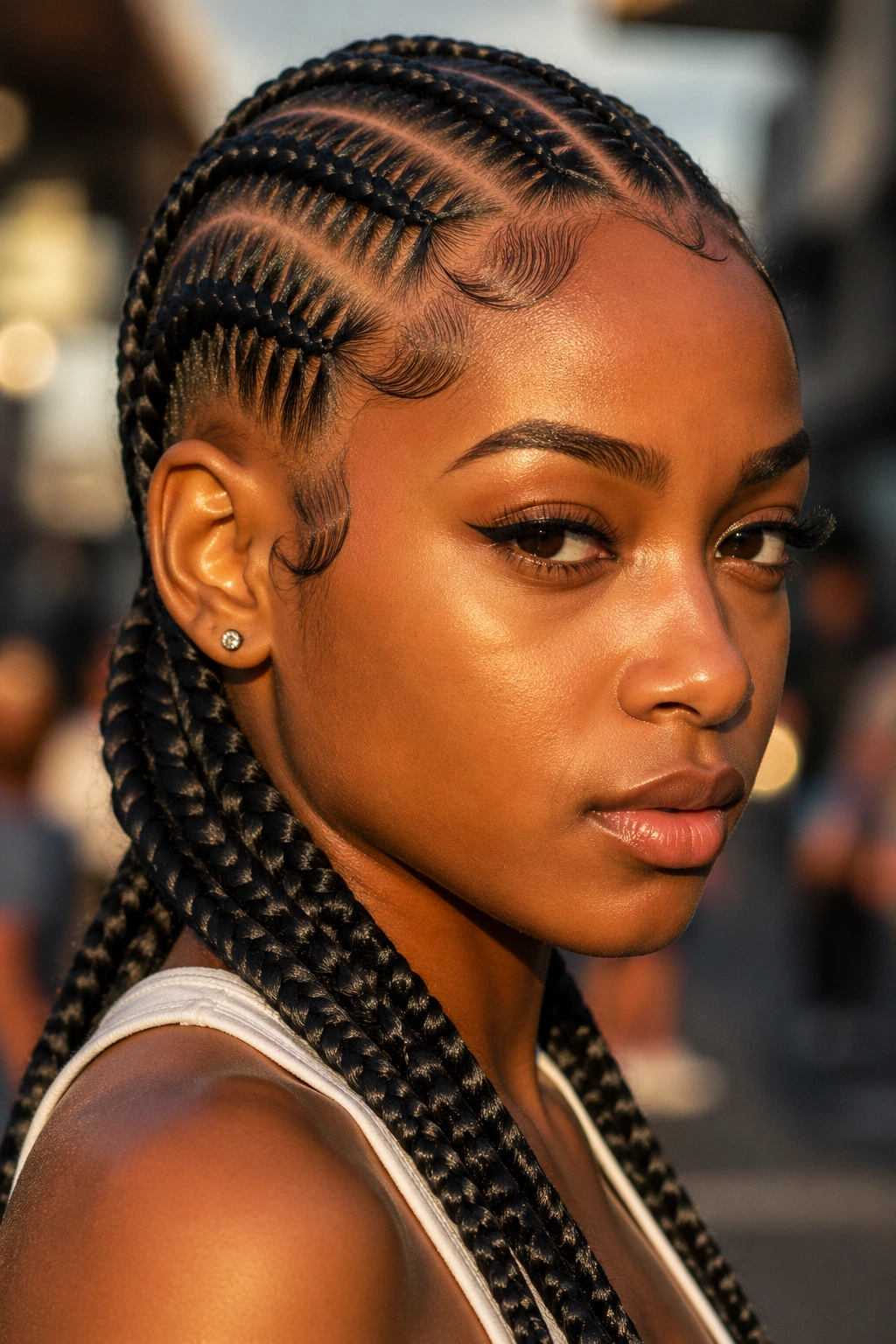 Close-up of a real woman with stitch braids and crisp parting outdoors