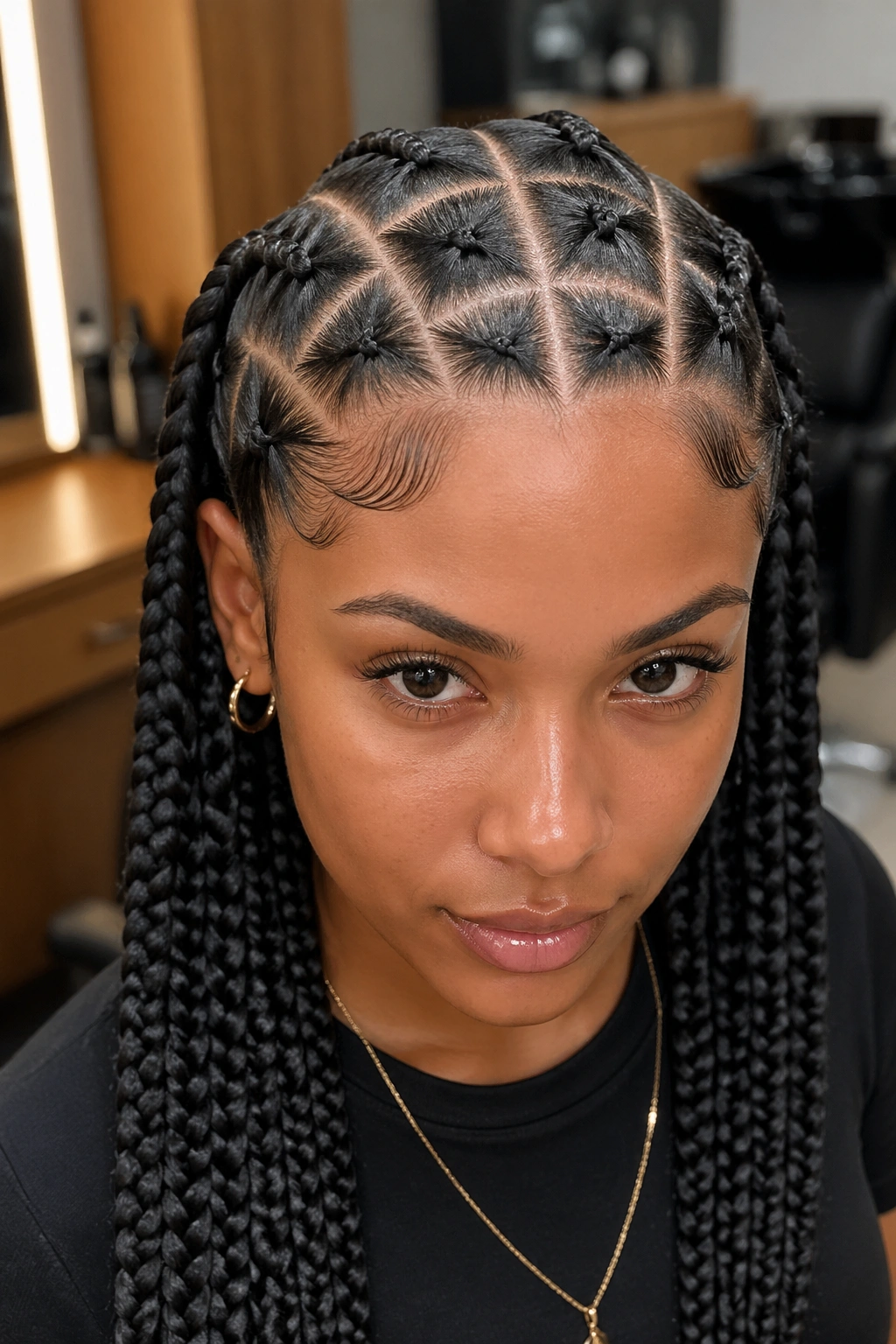 Close-up of a real woman with stitch braids and razor-sharp lines across the scalp