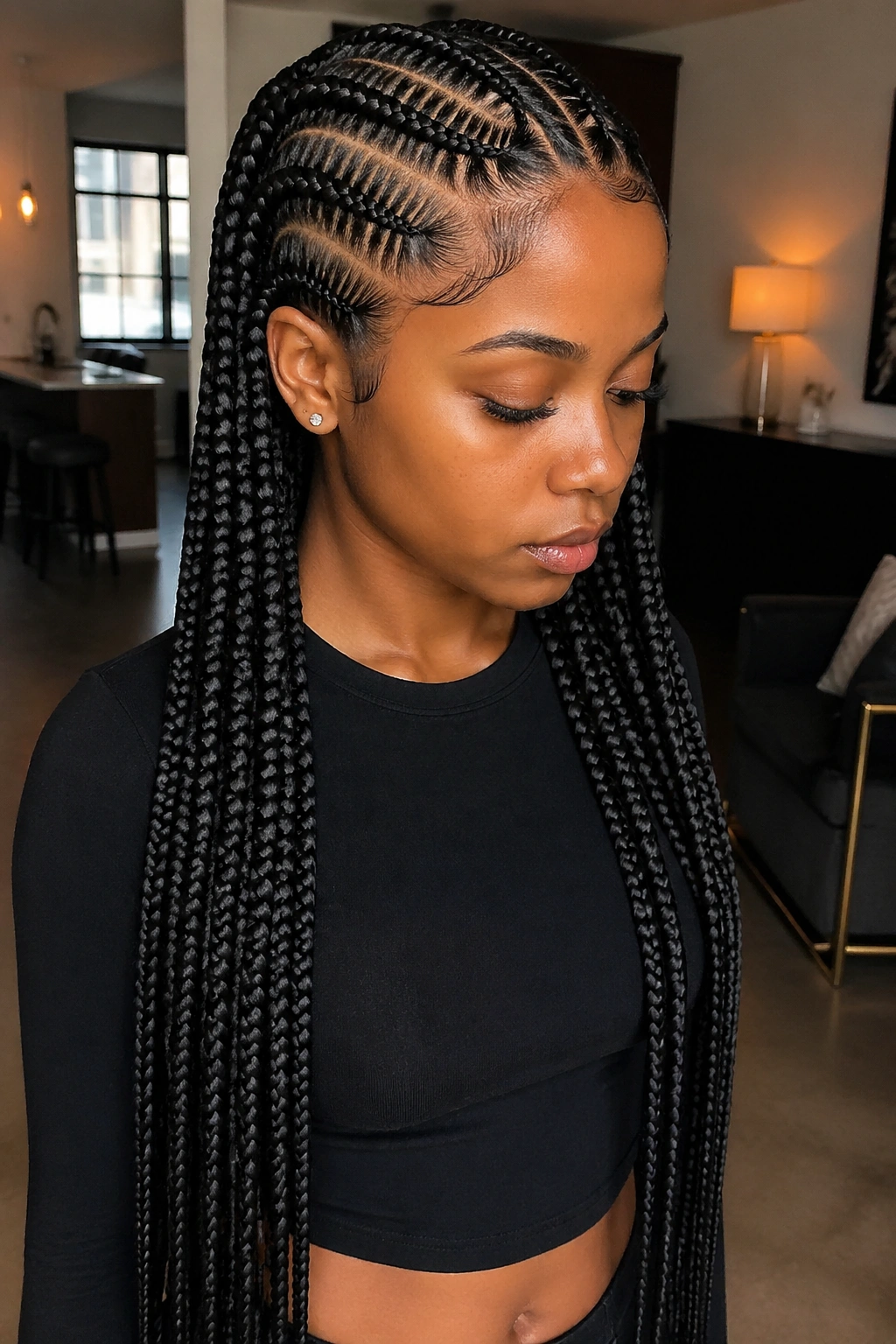 Close-up portrait of a real woman with stitch braids and waist-length ends in warm indoor light