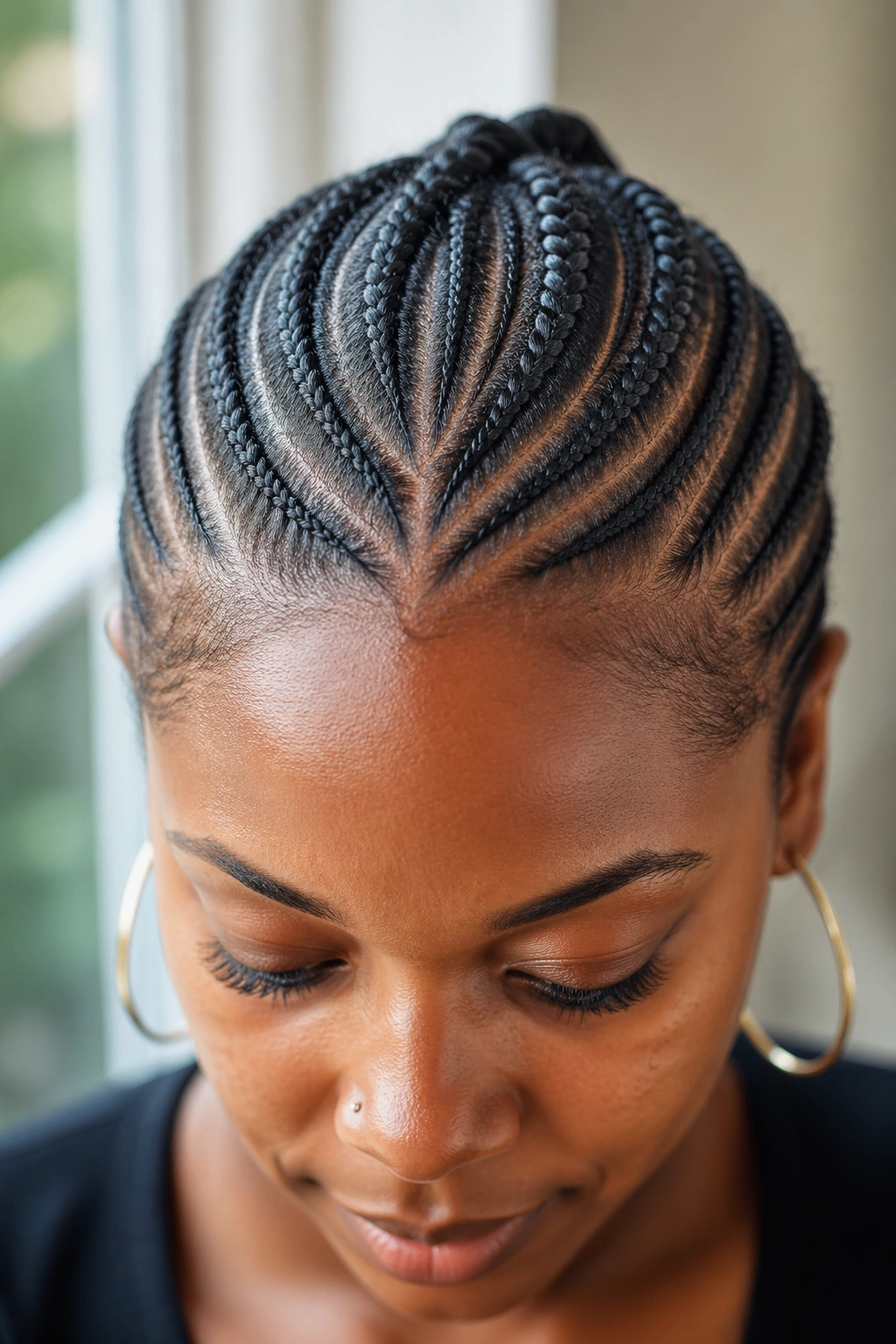 Close-up of a real woman with small stitch cornrows across the scalp
