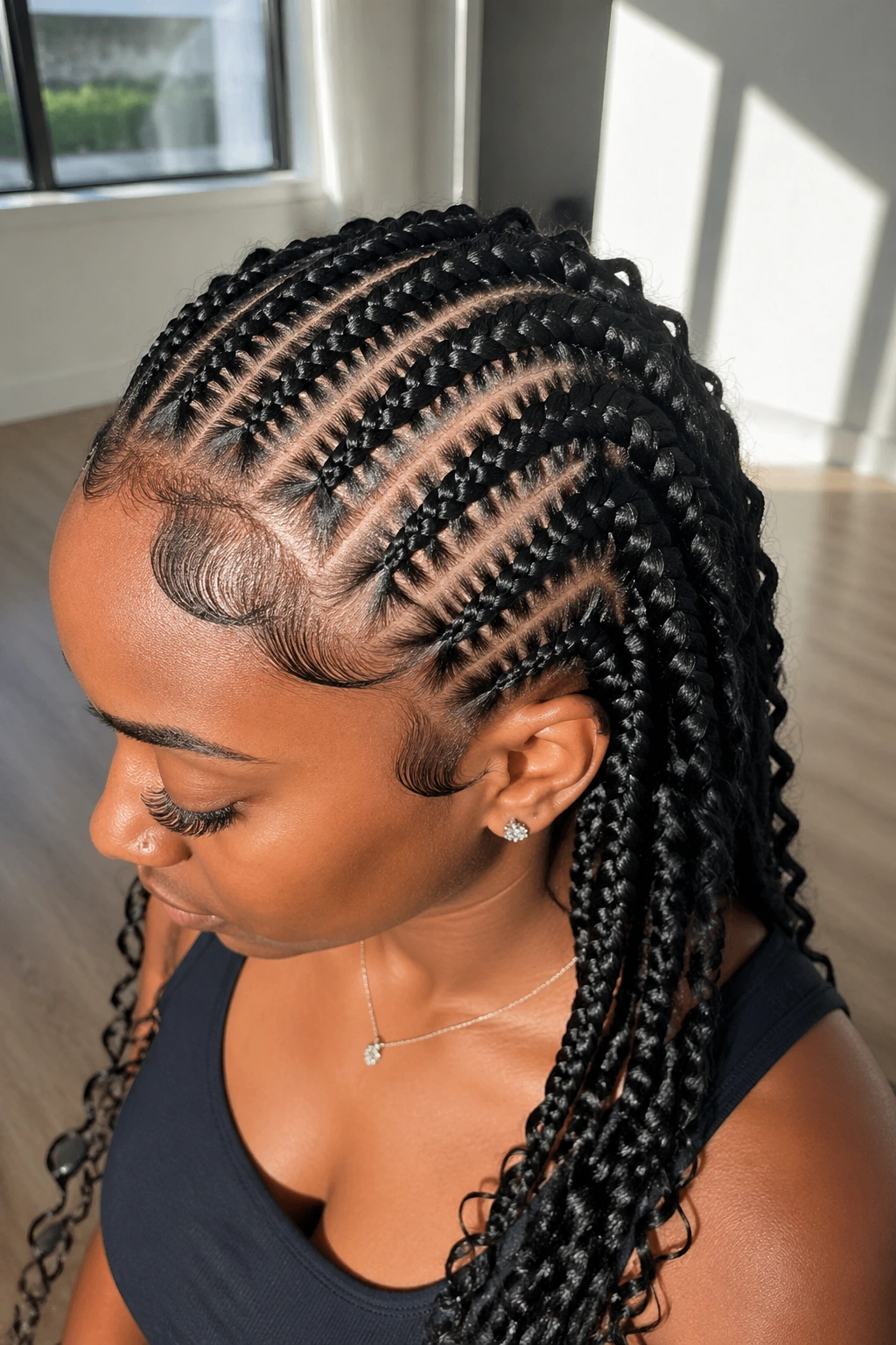 Close-up of stitch-pattern goddess braids on a real person