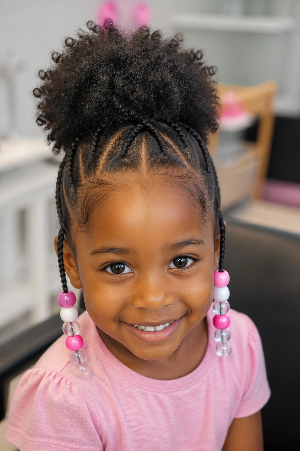 Close-up of a child with stitched braids ending in jumbo beads forming a puff.