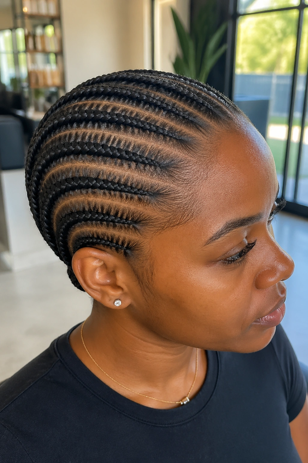 Close-up of Straight-Back Bible Braids on a real woman with straight-back rows hugging the scalp