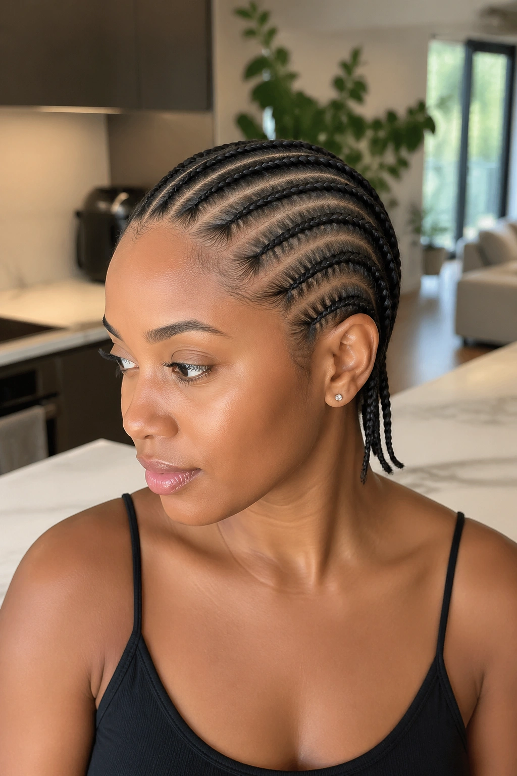 Portrait of a real woman with straight-back braids tapering at the ends, in a natural-lit room