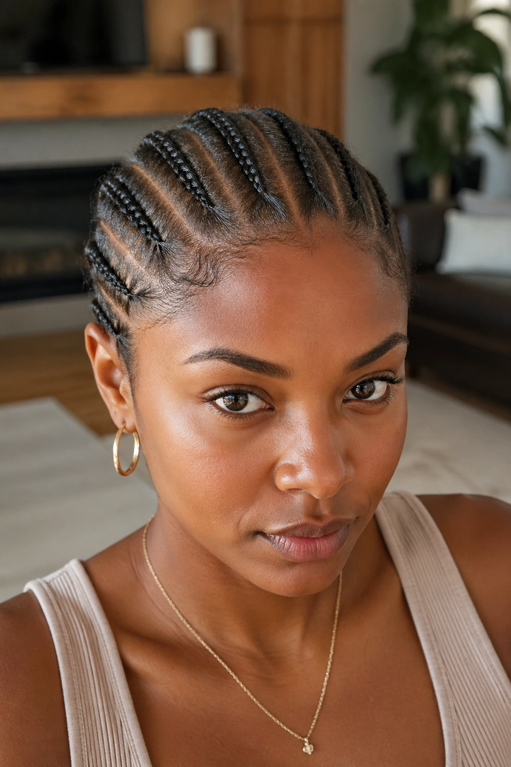 Close-up of straight-back cornrows on a real woman in a cozy living room