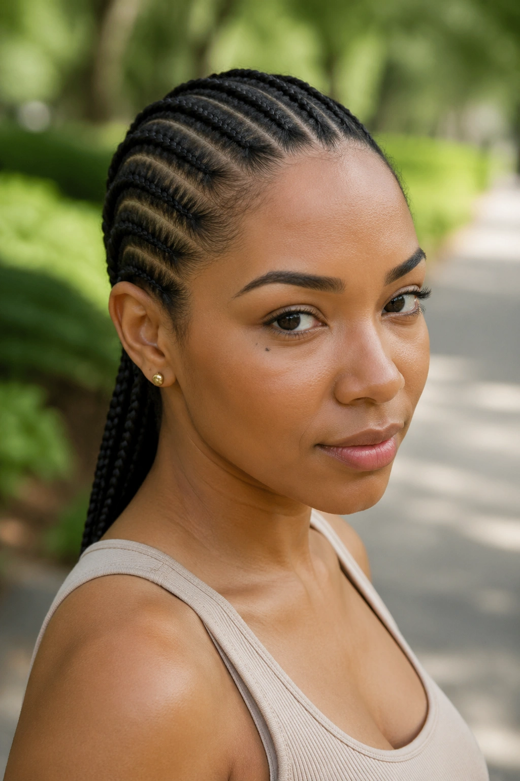 Close-up straight-back cornrows on a real woman in a park