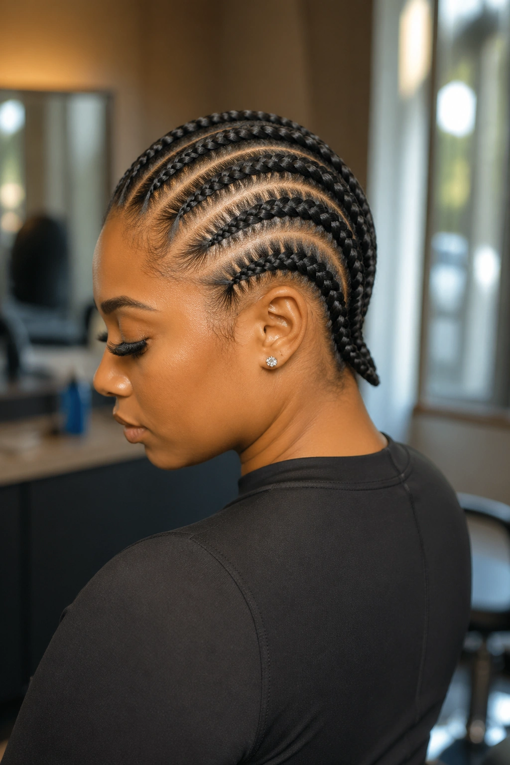 Close-up portrait of a real person with straight-back cornrows for a closure wig install