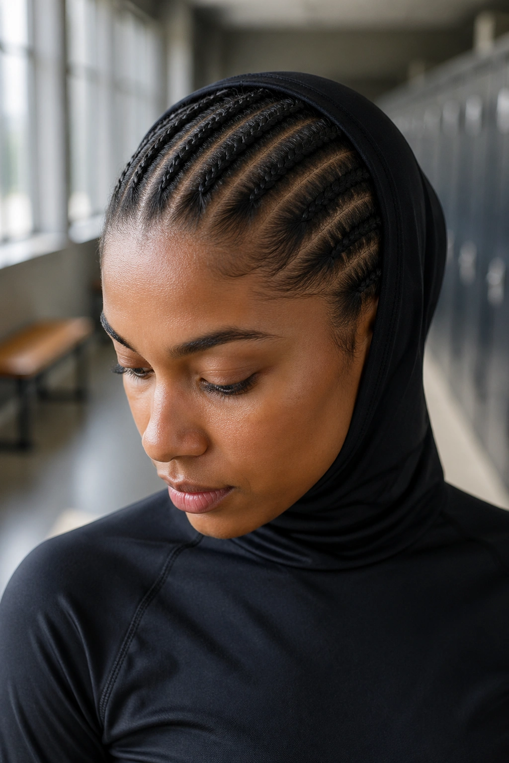 Close-up portrait of a real woman with straight-back cornrows under a sports hijab