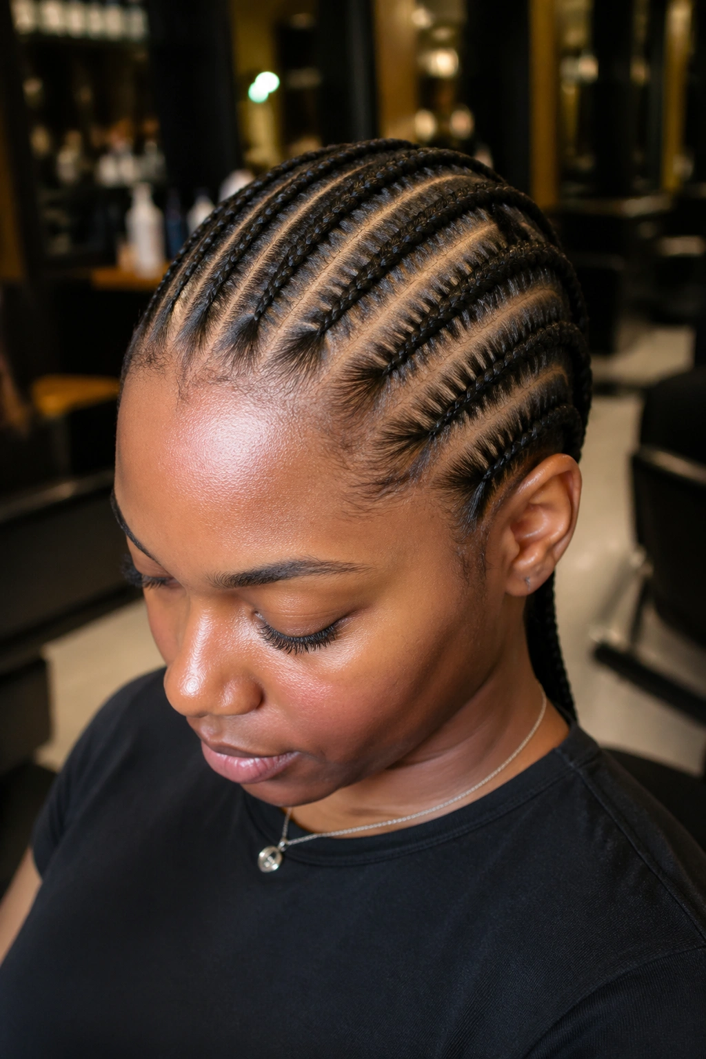 Close-up of a real Black woman's head with straight-back cornrows and visible scalp