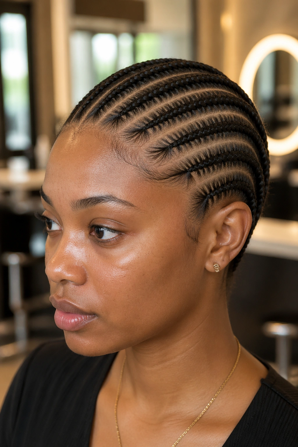 Close-up of a real woman with straight-back cornrows from scalp to nape