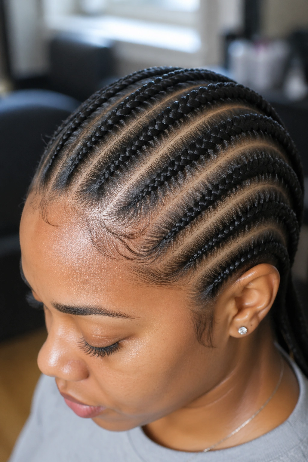 Close-up of straight-back cornrows on a real person in a sunlit salon