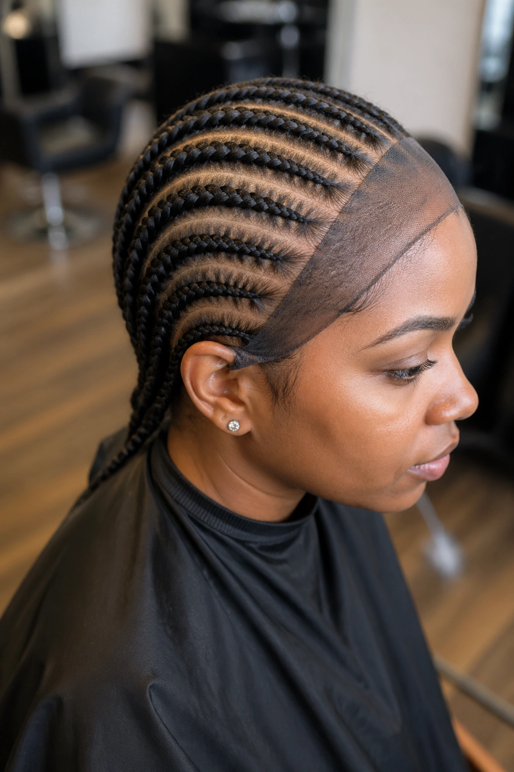 Close-up of a real person with straight-back cornrows from hairline to nape under a wig cap.