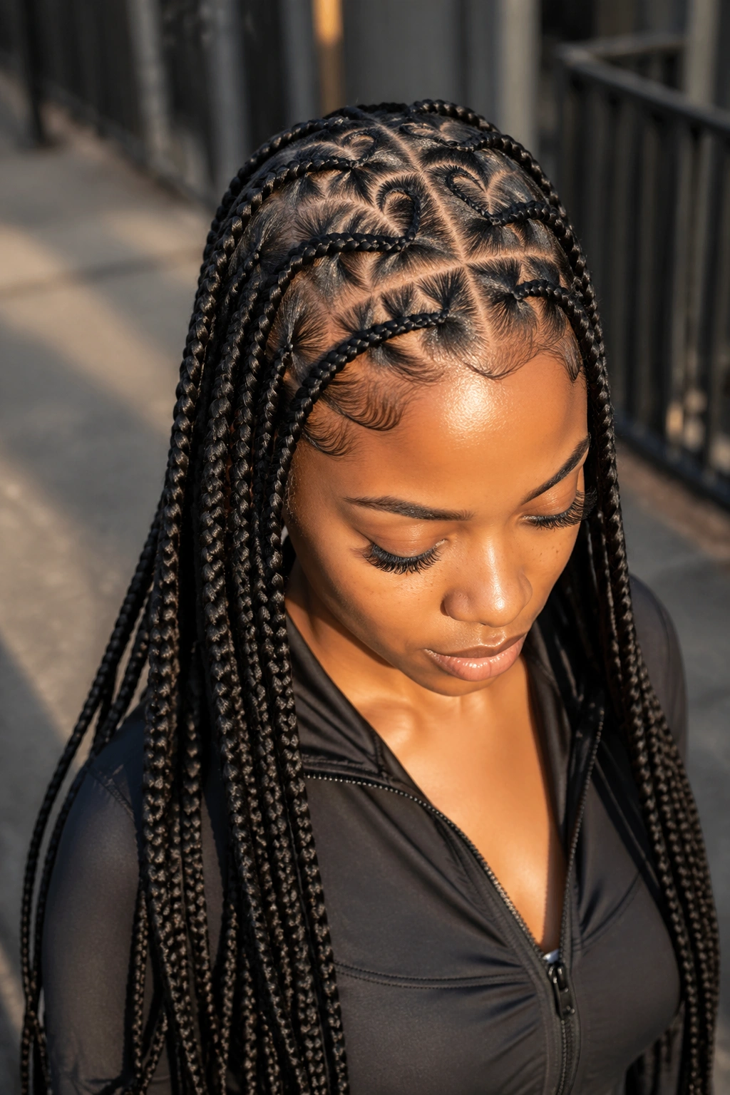 Close-up of a real person with straight-back double heart rows in knotless braids