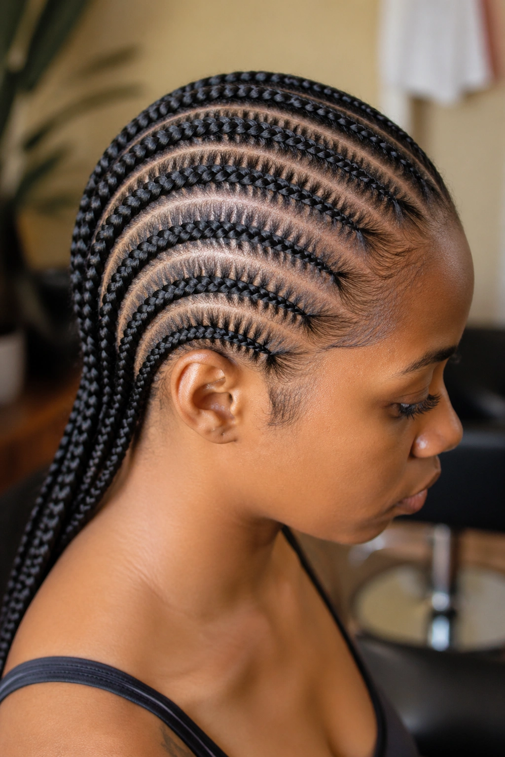 Close-up of scalp with straight-back braid rows from temple to nape