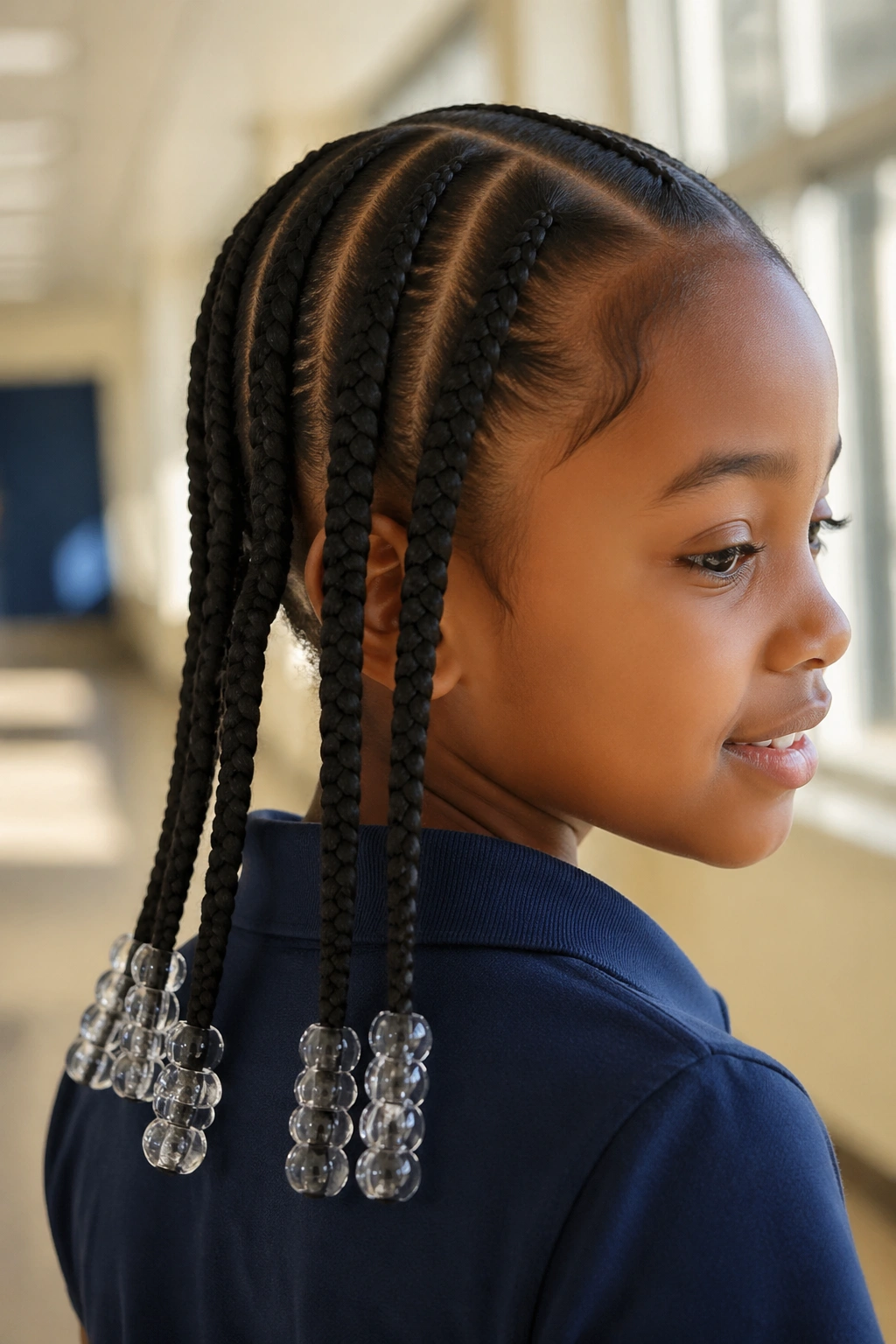Close-up of a child with four straight braids and jumbo clear beads