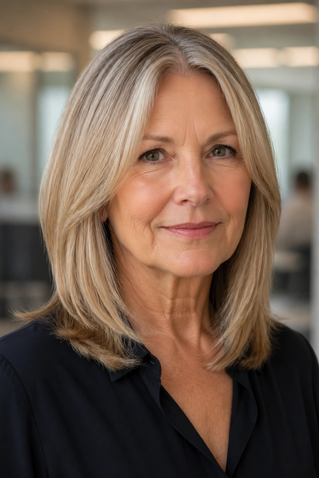 Real woman with polished straight cut and soft layers in office light