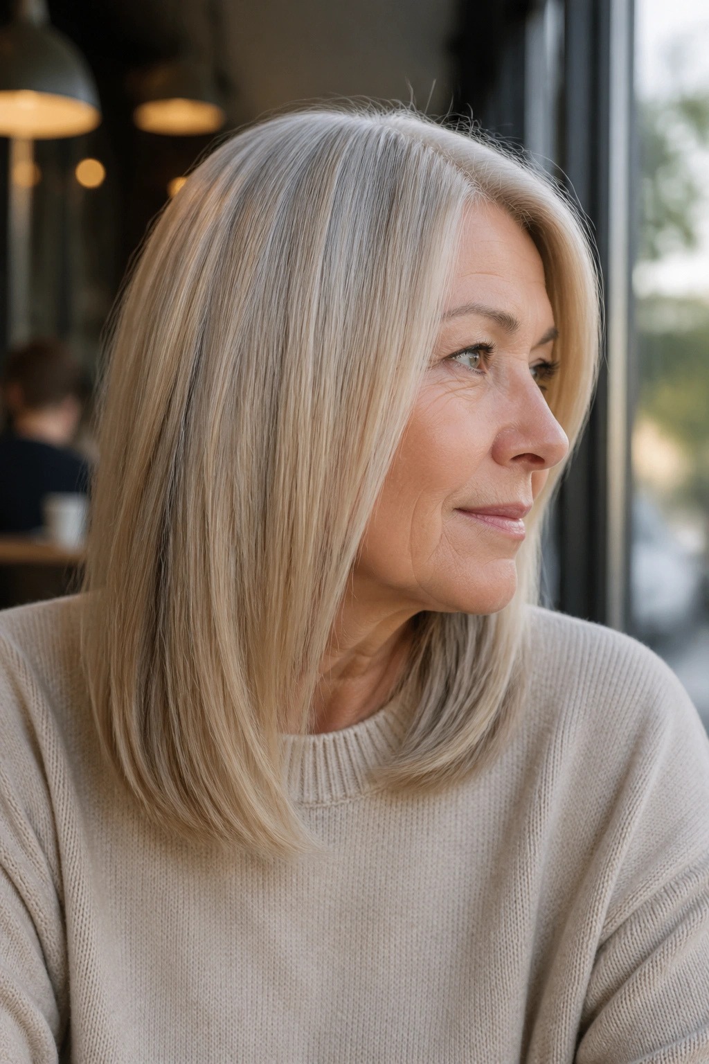 Close-up of a real woman with straight mid-length hair and invisible layers