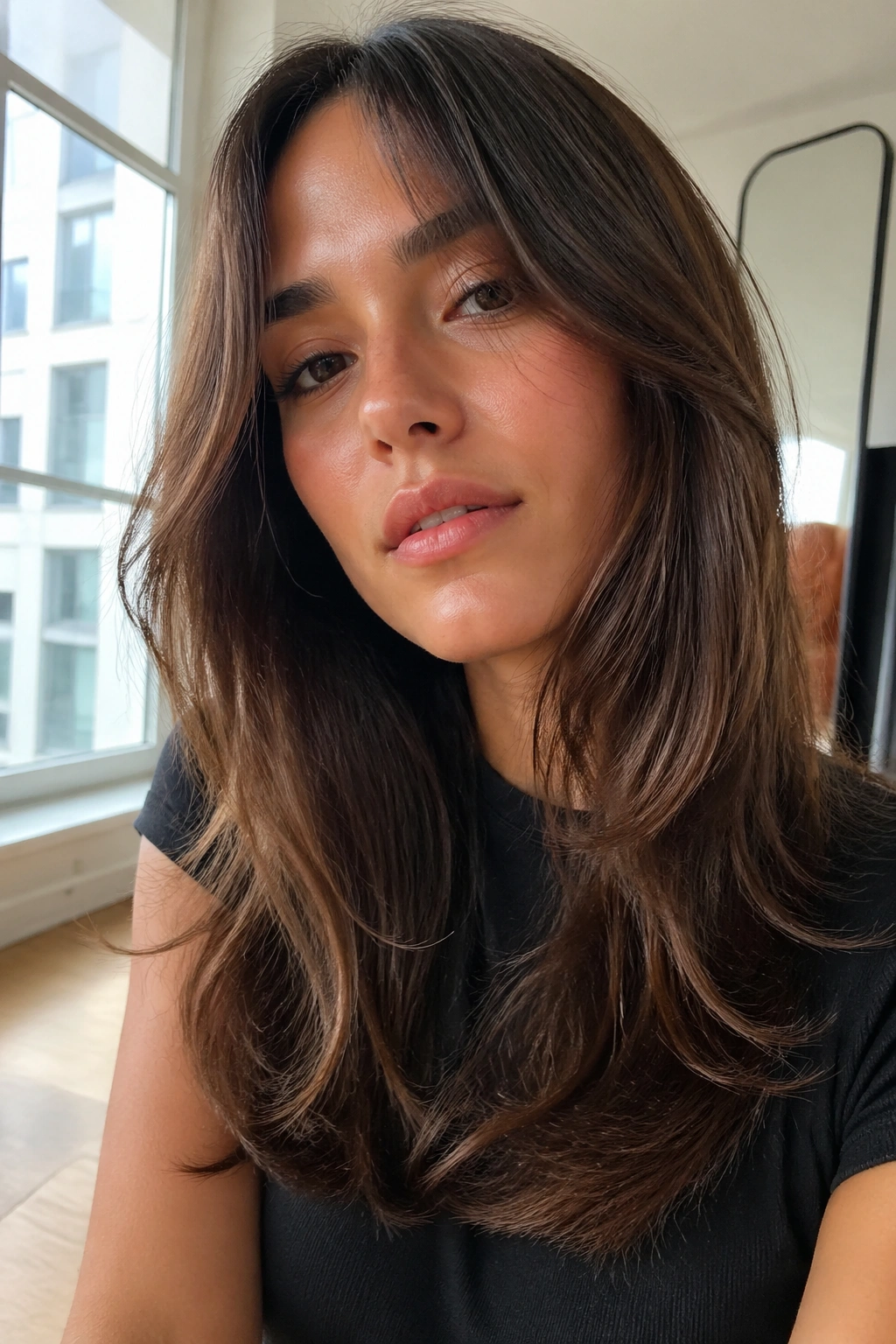 Close-up of straight-hair long shag with bend and texture in natural light