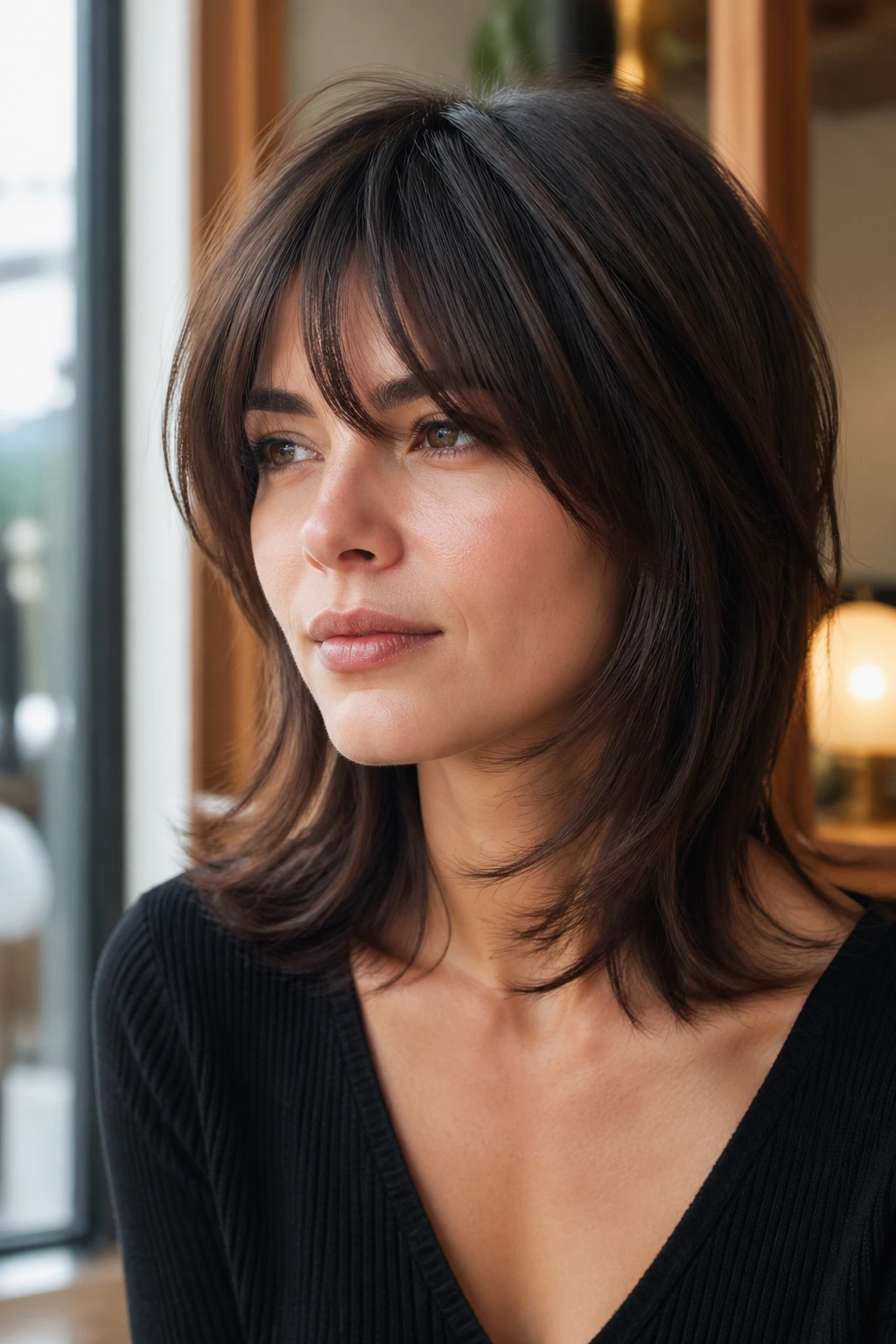 Real person with straight-hair shag demonstrating hidden movement