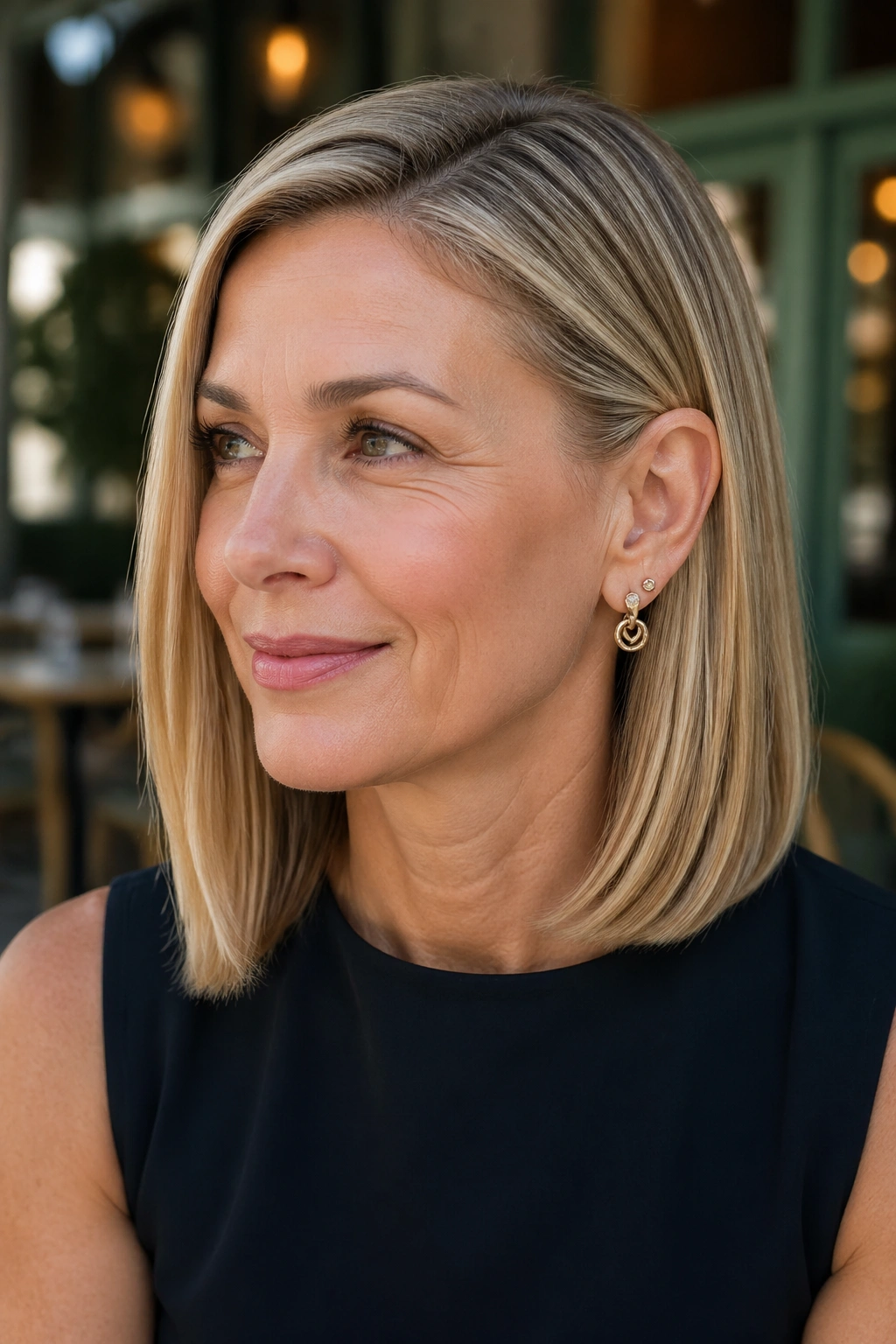 Close-up portrait of a real woman with a straight lob tucked behind the ear