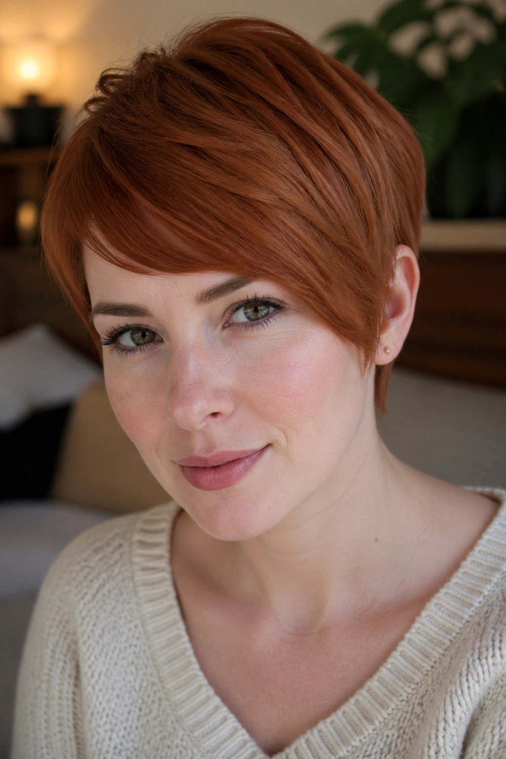 Close-up of woman with strawberry auburn pixie and side-swept fringe.