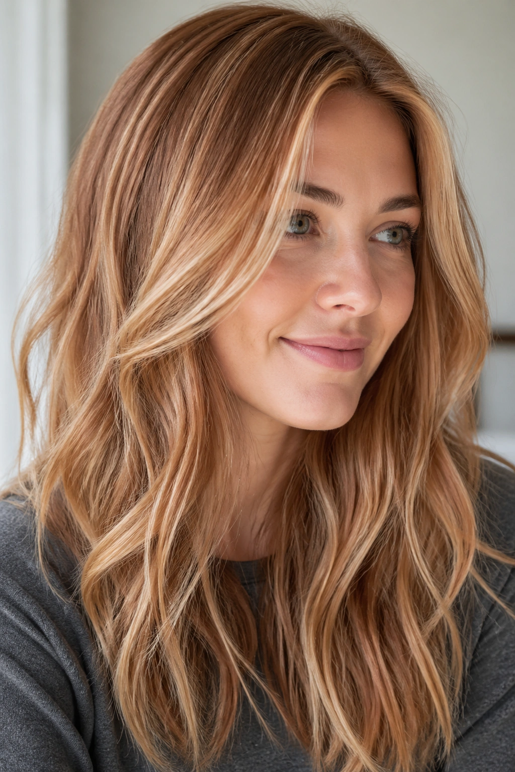 Close-up of strawberry blonde hair with beige lowlights on a real person, soft window light