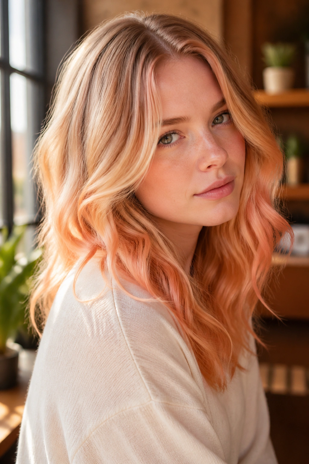 Strawberry blonde hair with peach ends in warm daylight