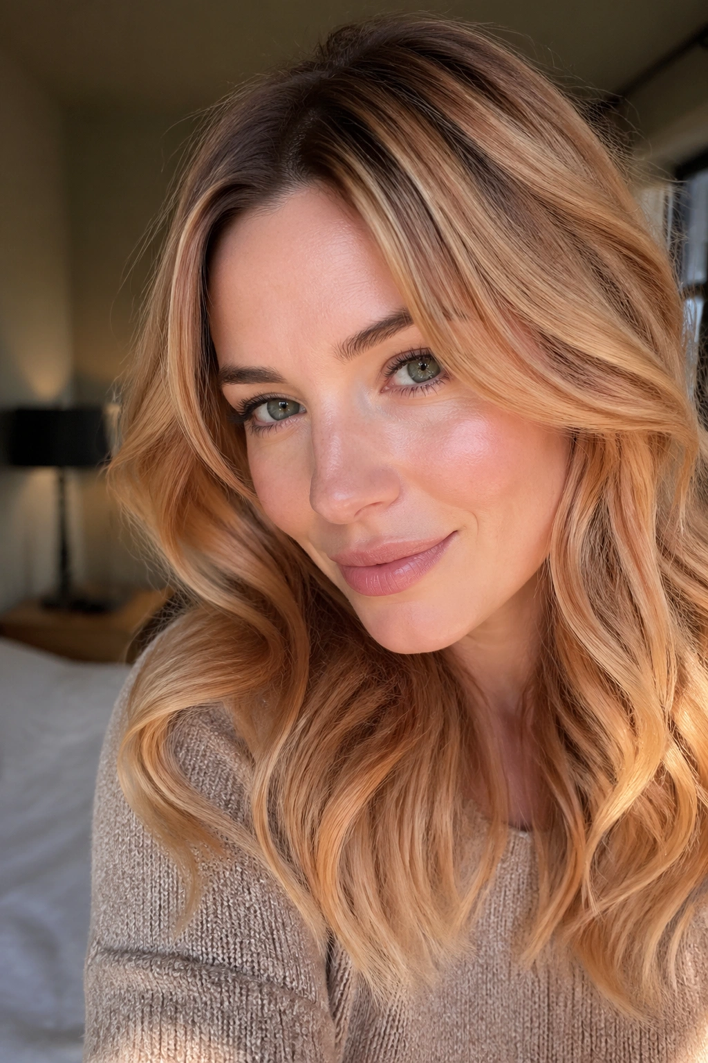 Close-up of a real woman with strawberry blonde hair and deeper brunette roots in warm window light.