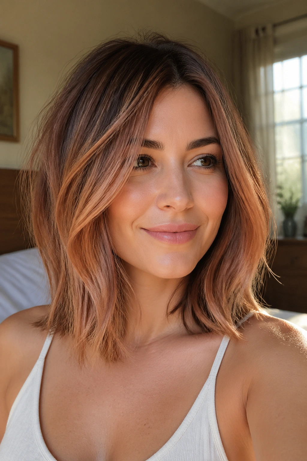 Close-up of strawberry bronde balayage on brunette hair with peachy warmth