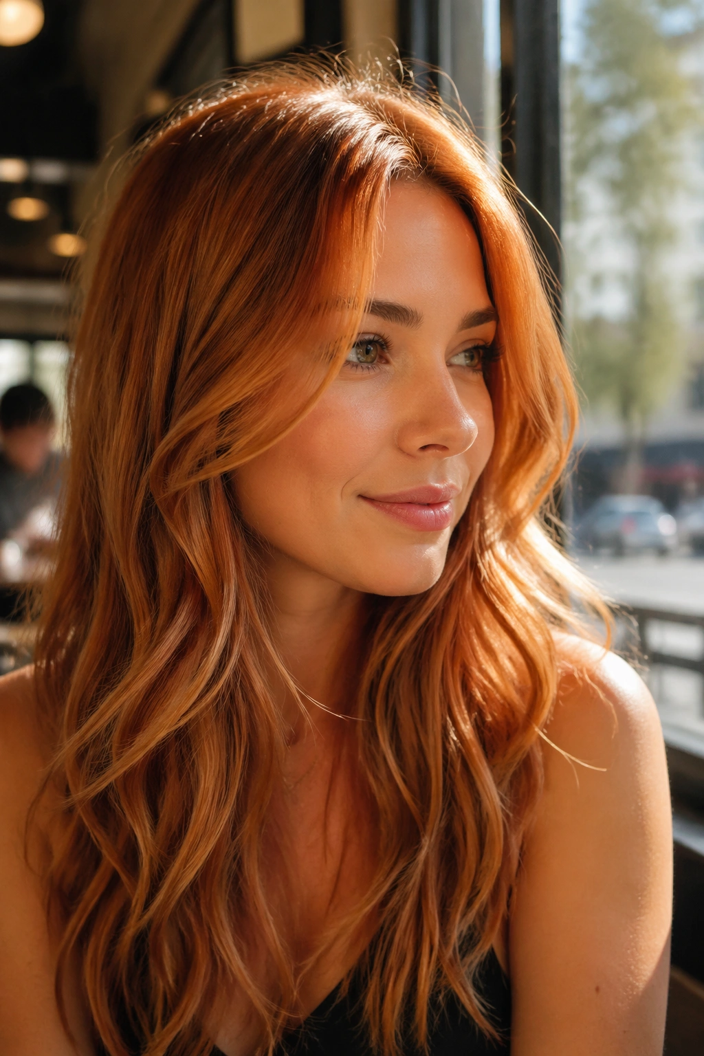 Close-up portrait of a real person with strawberry copper hair in golden hour light