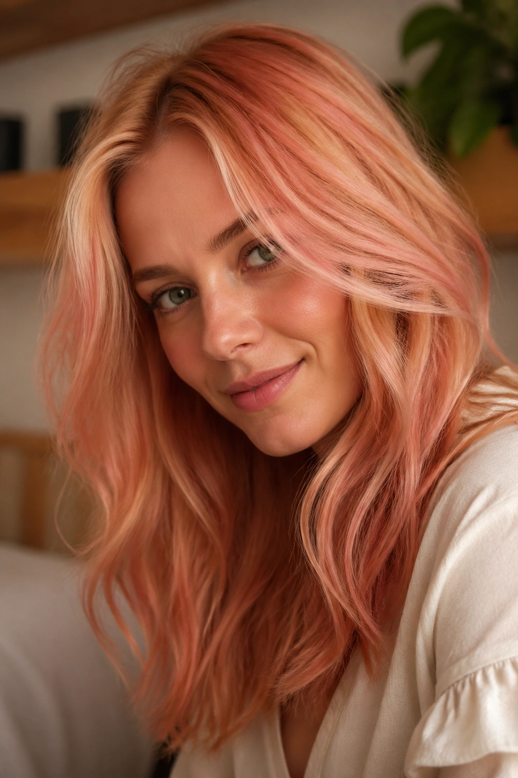 Close-up of strawberry pink blonde hair on a warm blonde base