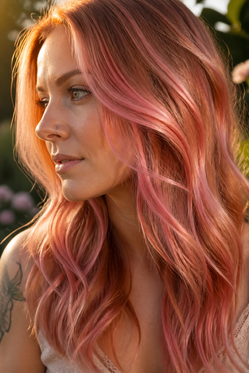 Close-up of copper hair with strawberry pink overlay in golden hour light.