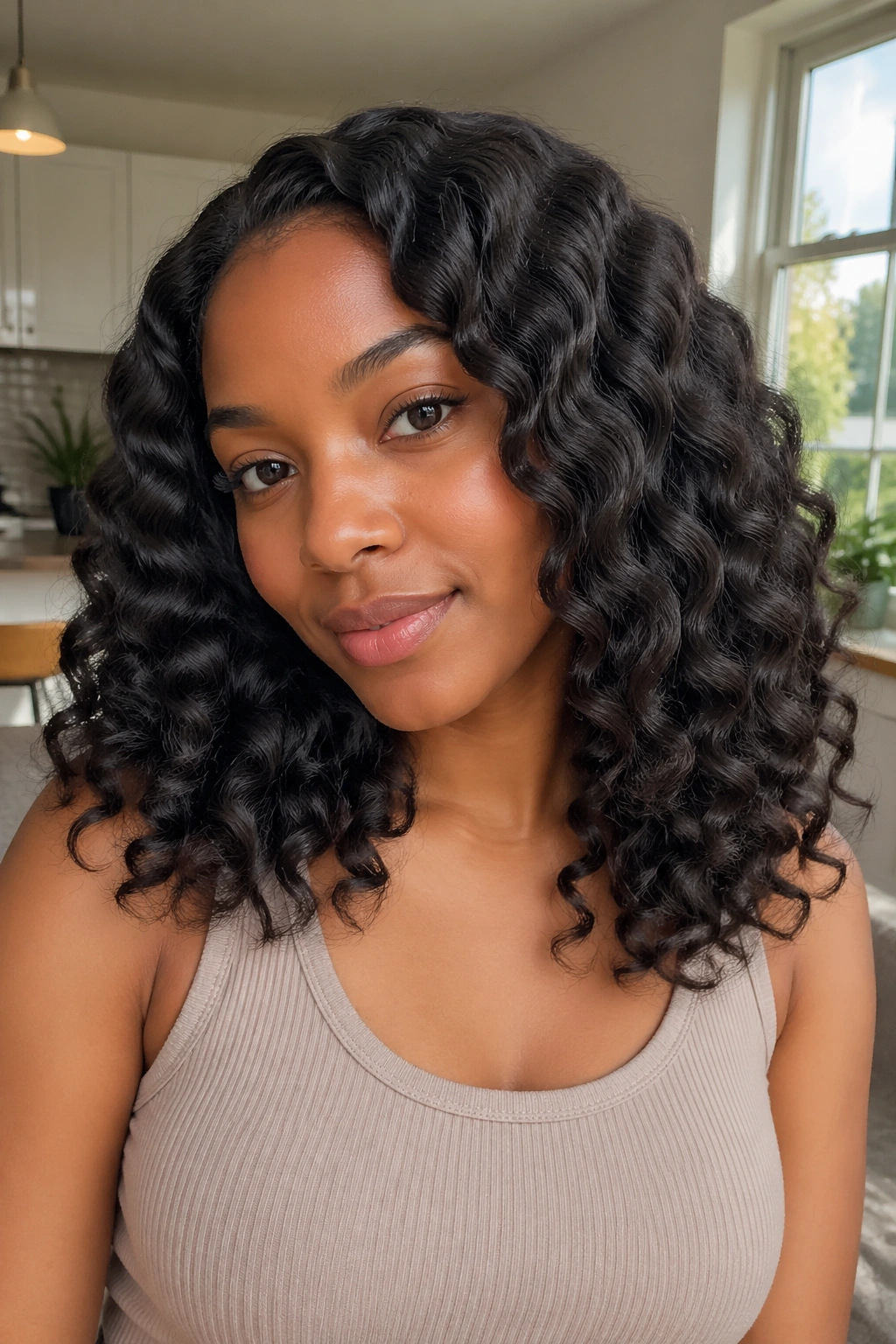 Close-up of a real woman with stretched blow-dry braid-out