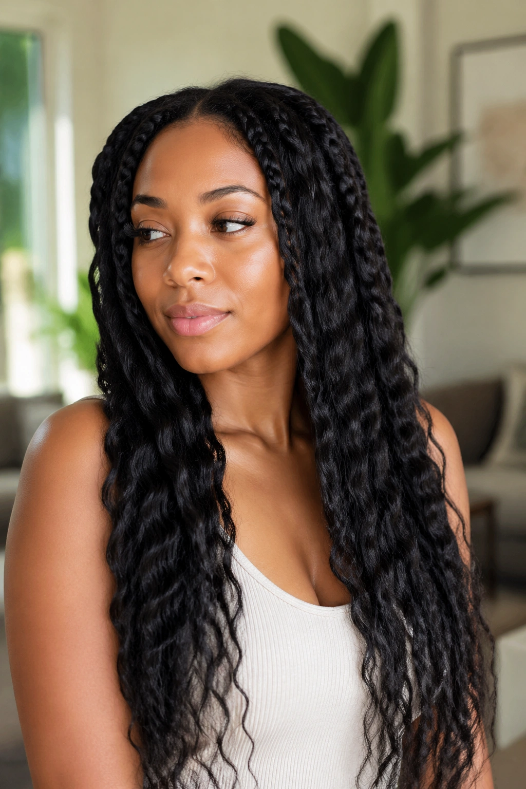 Real woman with stretched braid-out, showcasing extended length and elongated waves.