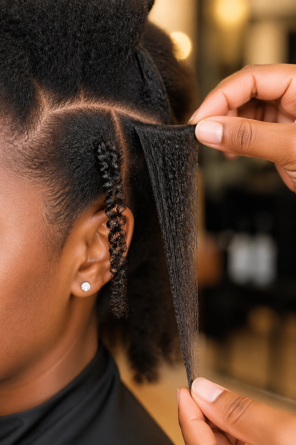 Close-up of a real person's hair being stretched to show different lengths