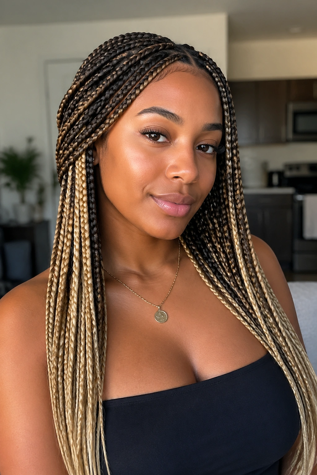 Close-up portrait of a real woman with blonde peekaboo knotless box braids, flattering in soft window light.