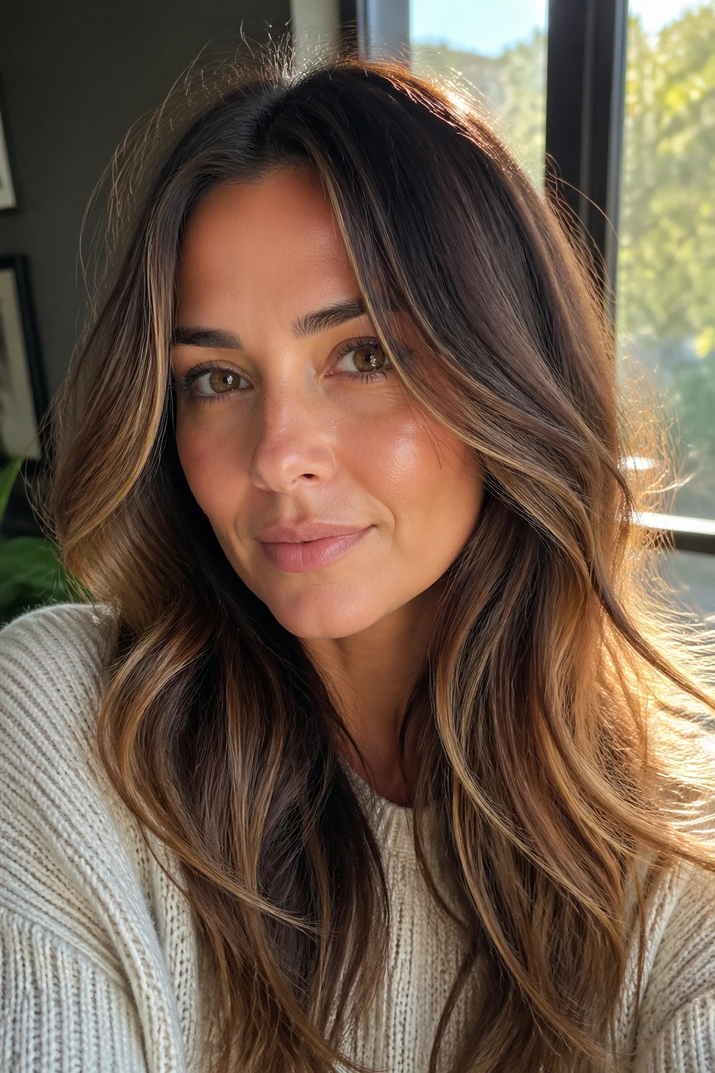 Medium brown hair with sunkissed caramel highlights around the face