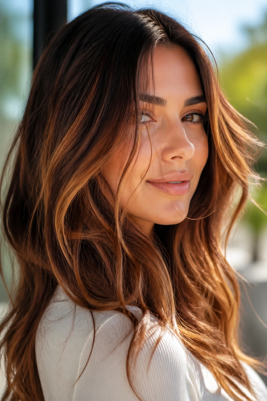 Close-up of sunkissed cinnamon balayage on brown base hair