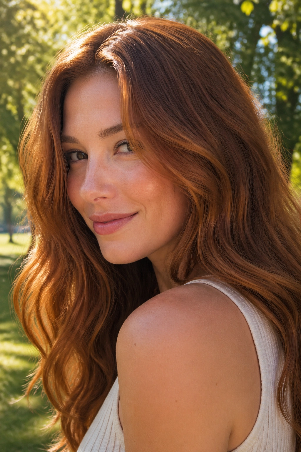 Close-up portrait of a woman with sunlit auburn hair in sunny outdoors