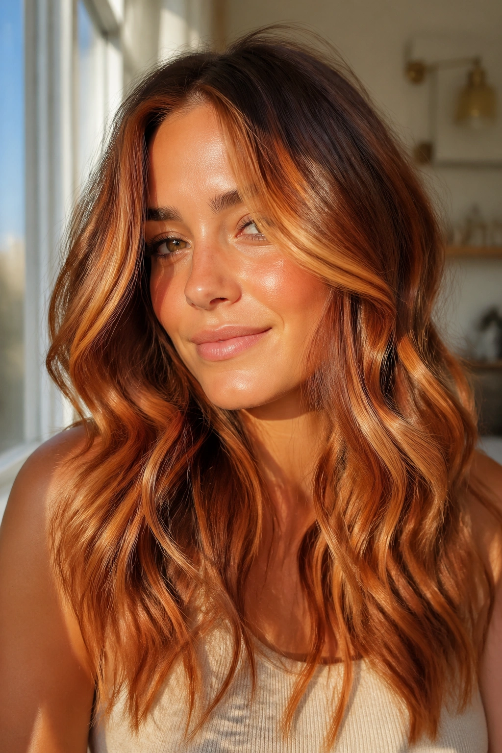 Close-up of hair with sunlit copper balayage and warm glow.