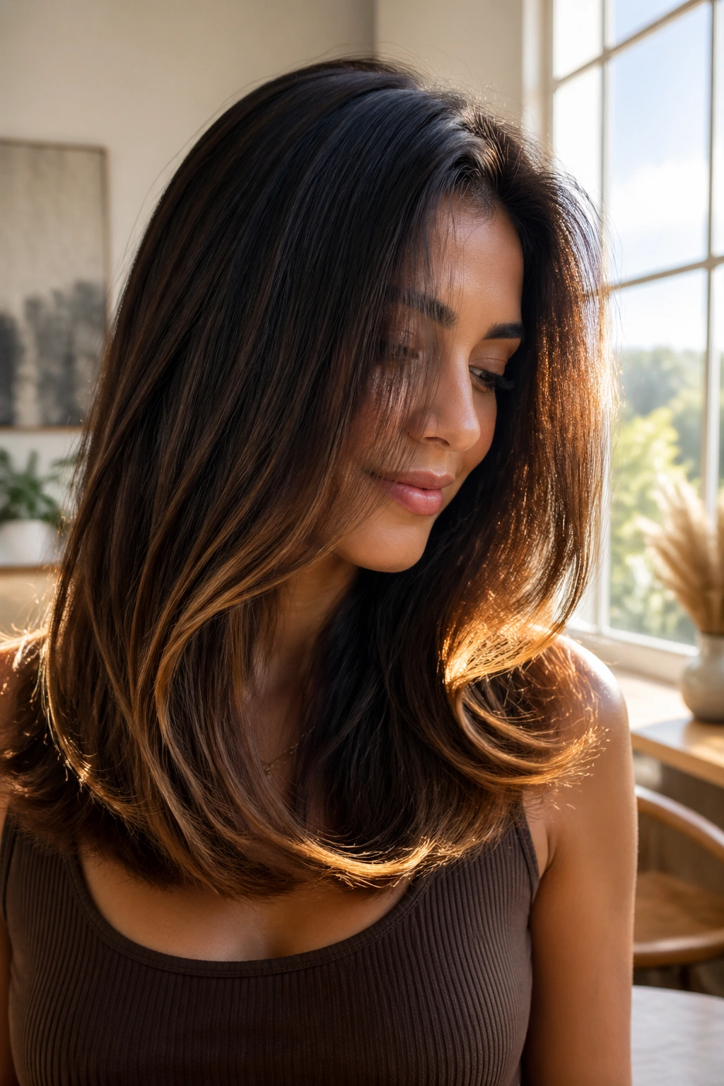 Close-up of a woman with sunlit ends on a U-cut, glowing ends against dark brown hair.