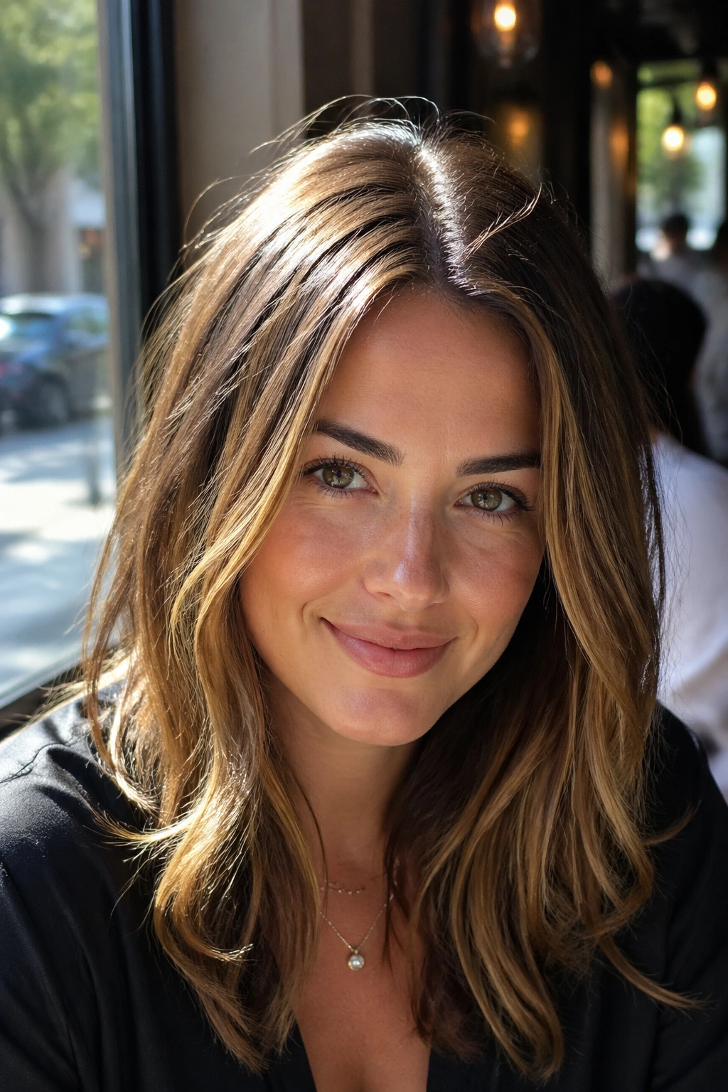 Portrait showing tiny sunlit micro-highlights along the part line.